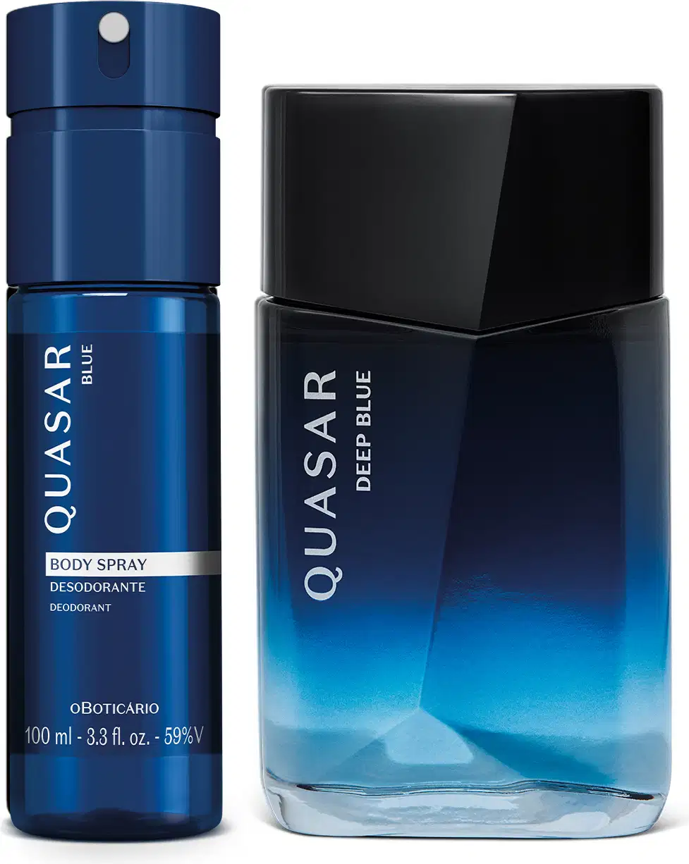 Conjunto Quasar contendo frasco de vidro com design angulado em degradê do azul claro para o escuro de Desodorante Colonia Deep Blue e frasco de body spray na cor azul com tampa borrifadora da mesma cor.