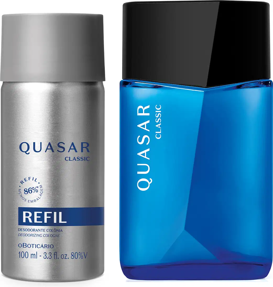 Conjunto Quasar Classic com desodorante colônia em frasco de vidro com design angulado na cor azul com tampa preta logo branco gravado no vidro, e refil do mesmo produto em embalagem prateada com tampa cinza e texto azul.