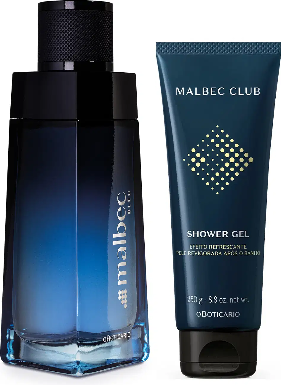 Conjunto de perfumaria Malbec Bleu com frasco geométrico na cor azul degradê para preto de desodorante colônia e gel de banho Malbec Club em bisnaga azul petróleo com detalhes em branco e amarelo.