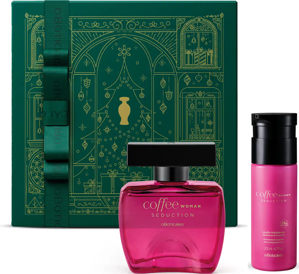 Kit presente de Natal composto por frasco de desodorante colônia de vidro rosa com tampa preta e tubo de body splahs pink com tampa borrifadora preta, ambos da marca Coffee Woman Seduction, acompanhado de uma caixa verde com ilustração natalina dourada.