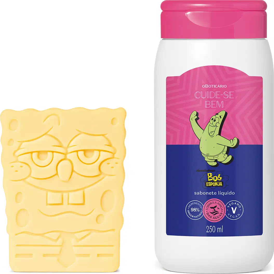 Combo da linha Cuide-se Bem Bob Esponja contendo um frasco plástico branco com tampa rosa e rótulo bicolor de azul e rosa com ilustração de personagem Patrick, acompanhado de sabonete em barra amarelo com relevo do Bob Esponja.
