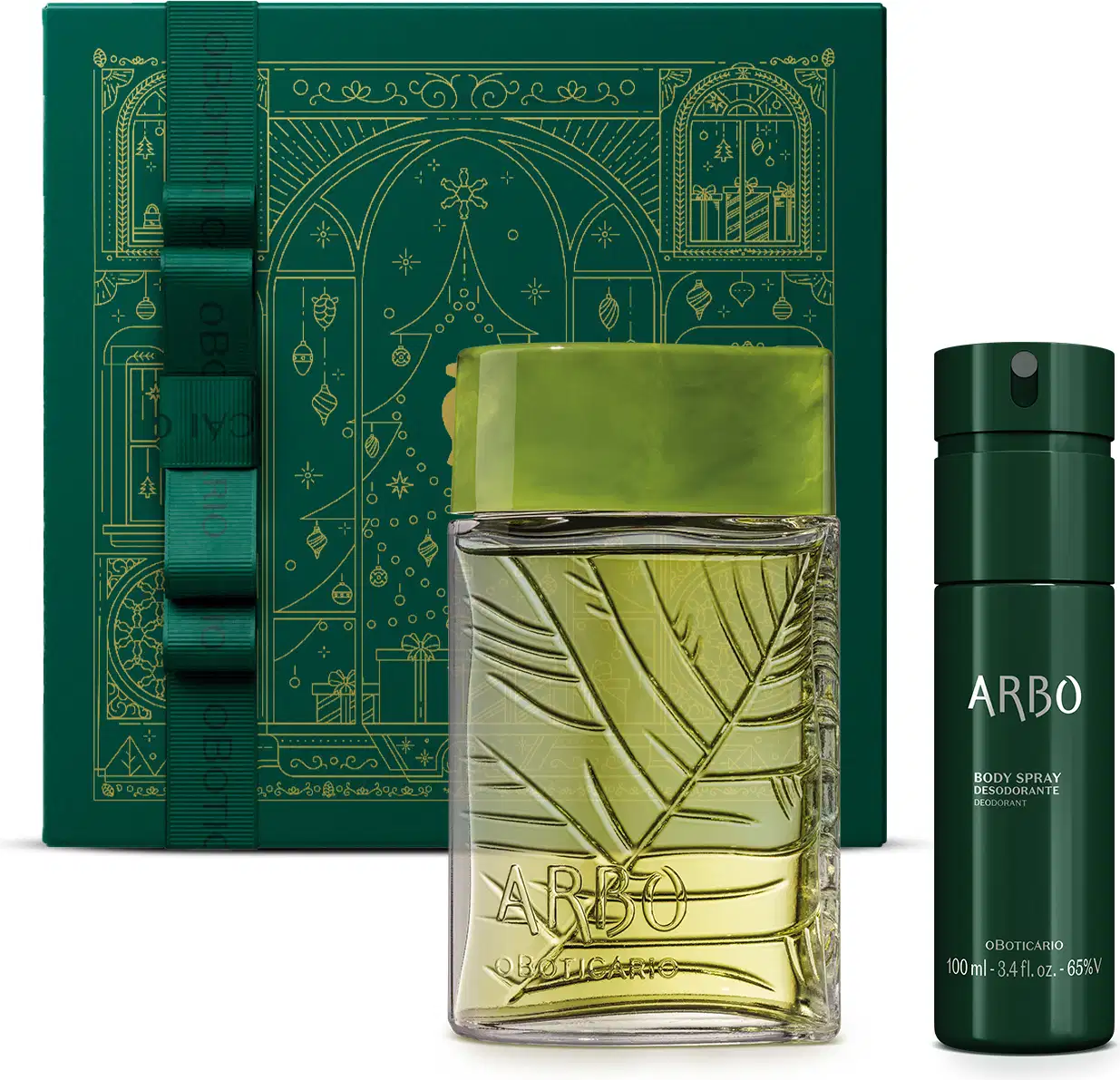 Caixa de presente verde com ilustrações de temática natalina douradas e laço verde ao lado de 2 itens de perfumaria da marca Arbo Forest, sendo um desodorante colônica em frasco de vidro transparente com líquido verde e tampa verde e um body spray verde.