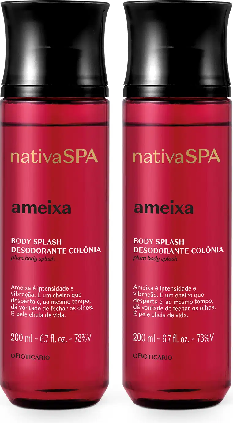 Dois frascos de body splash da marca Nativa SPA Ameixa, ambos em plástico cilíndrico vermelho com texto gravado em dourado e branco e tampa preta.