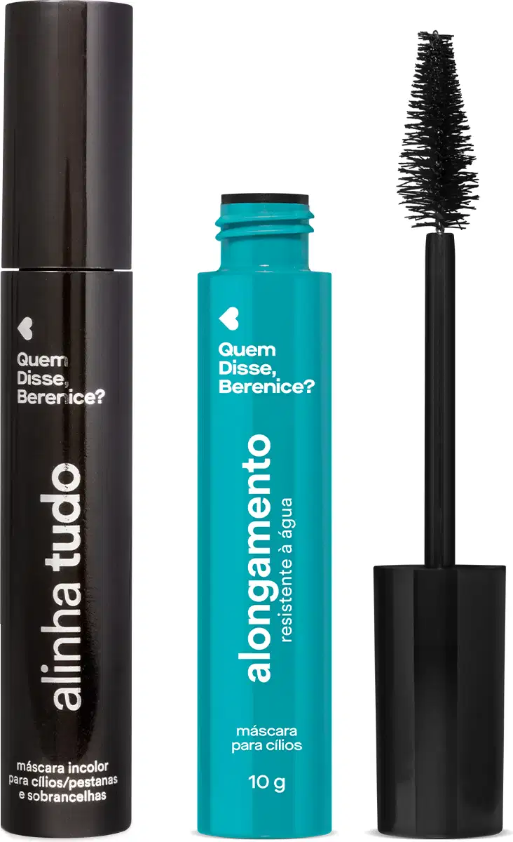 Combo de produtos de maquiagem da marca Quem Disse, Berenice?, incluindo um tubo preto de máscara de cílios e sobrancelhas e um frasco de máscara de cílios azul aberto com seu pincel aplicador ao lado dele, exibindo cerdas cônicas.