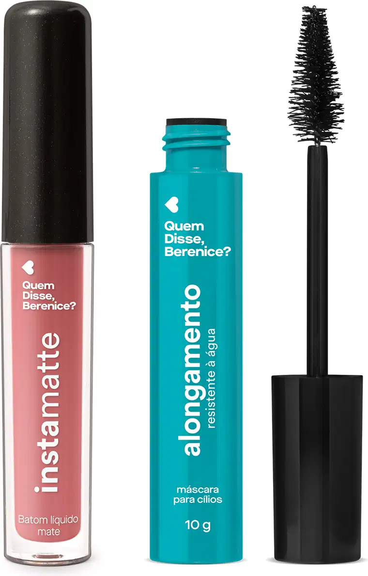 Combo da marca Quem Disse, Berenice? contendo um batom líquido mate rosa da linha Instamatte e um frasco de máscara de cílios azul aberto com seu pincel aplicador ao lado dele, exibindo cerdas alongadas na base e curtas na ponta.