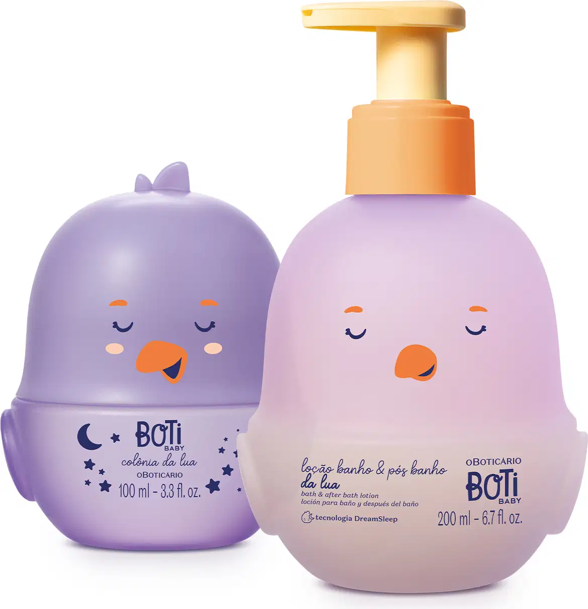 Dois itens de perfumaria da marca Boti Baby: um frasco lilás com tampa amarela pump de loção corporal e um frasco roxo de colônia para bebês, ambos em plástico com formato arredondado e com ilustrações de bico de pássaro amarelo e olhinhos fechados.