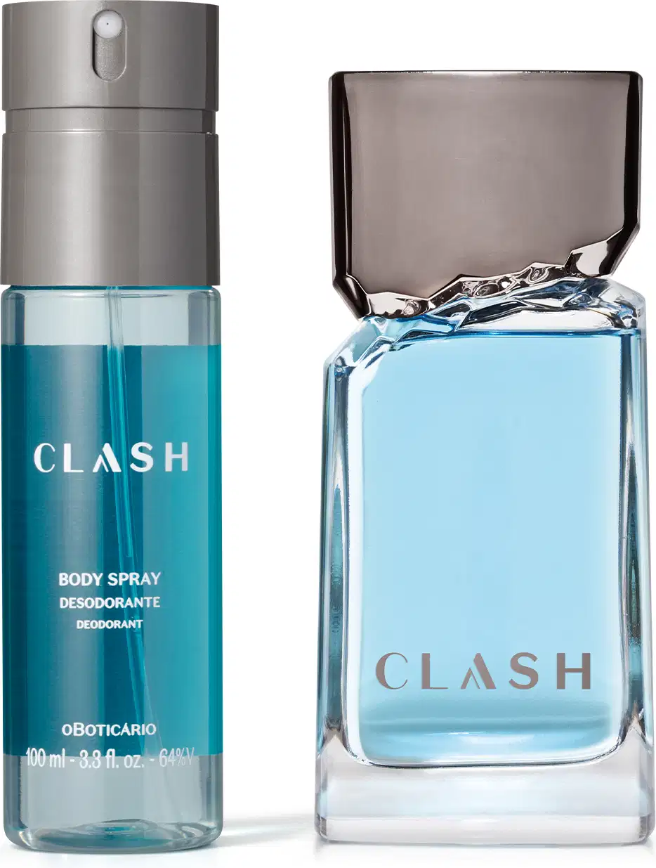 Combo de produtos de perfumaria da marca Clash, incluindo frasco de desodorante colônia transparente com líquido azul e tampa cinza e frasco cilíndrico de body spray na cor azul escuro com tampa borrifadora cinza.