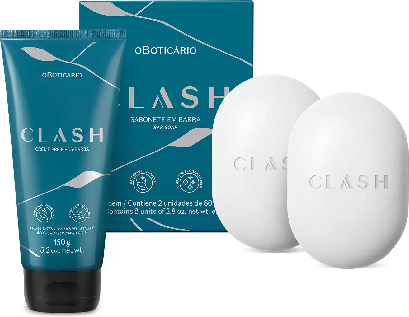 Combo de produtos de perfumaria da marca Clash, incluindo bisnaga azul escura de creme para barba e duas barras de sabonete ovais brancas e sua respectiva caixa, na cor azul escuro.