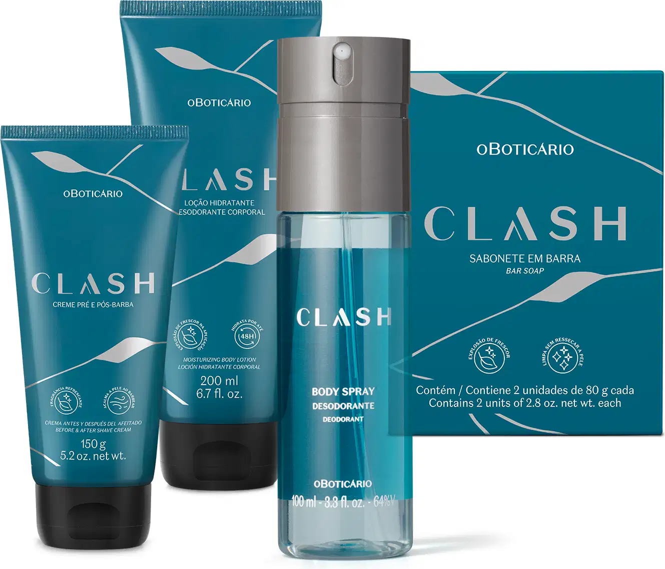 Combo de produtos de perfumaria da marca Clash, incluindo duas bisnagas azuis com tapa preta, sendo uma de creme para barba e outro para o corpo, um frasco cilíndrico de body spray e duas barras de sabonete ovais brancas e caixa de sabonete azul escuro.