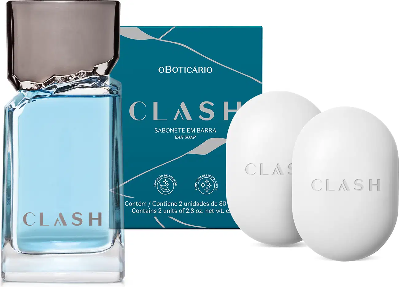 Combo de produtos de perfumaria da marca Clash, incluindo frasco de desodorante colônia transparente com líquido azul e tampa cinza e duas barras de sabonete ovais brancas e sua respectiva caixa, na cor azul escuro.