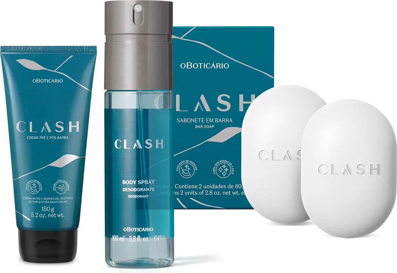 Combo de produtos de perfumaria da marca Clash, incluindo bisnaga azul com tampa preta de creme para barba, frasco cilíndrico de body spray e duas barras de sabonete ovais brancas e sua respectiva caixa, na cor azul escuro.