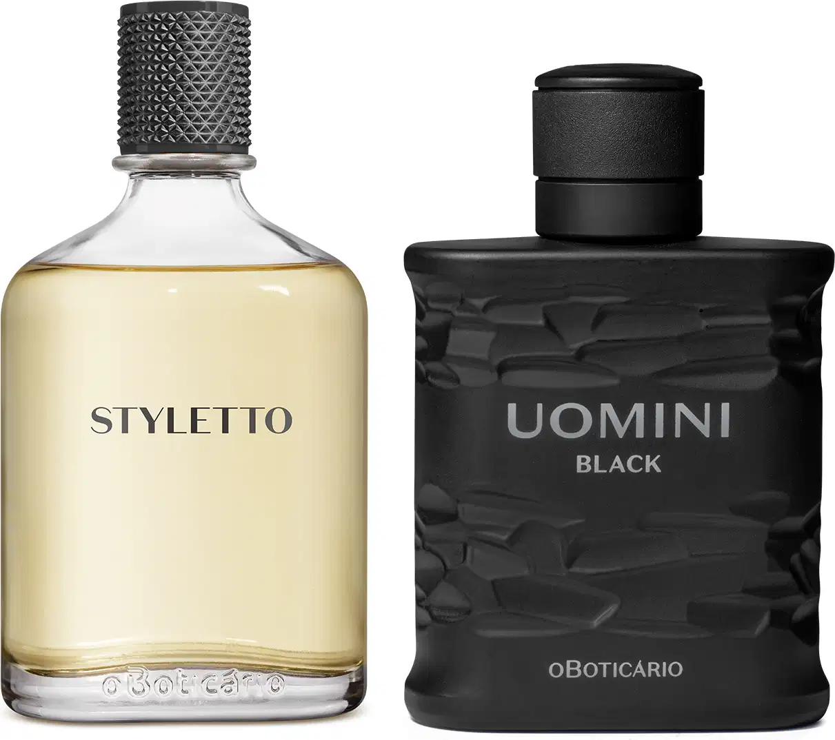 Dois frascos de perfumaria: um com rótulo "Styletto" em embalagem de vidro transparente e outro com rótulo "Uomini Black" em embalagem de vidro preta com textura.