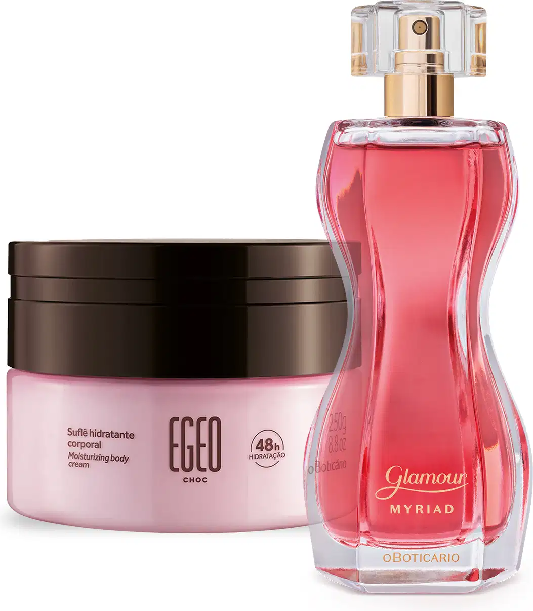 Combo com frasco de vidro com líquido rosa dentro de desodorante colônia Glamour Myriad com tampa em acrílico transparente e borrifador dourado, acompanhado de pote de creme hidratante desodorante corporal Egeo Choc com tampa marrom e corpo rosa.