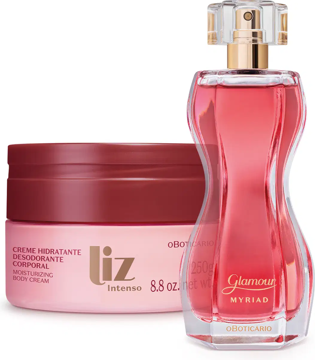 Combo com frasco de vidro com líquido rosa dentro de desodorante colônia Glamour Myriad com tampa em acrílico transparente e borrifador dourado, acompanhado de pote de creme hidratante desodorante corporal Liz com tampa vermelha e corpo rosa.