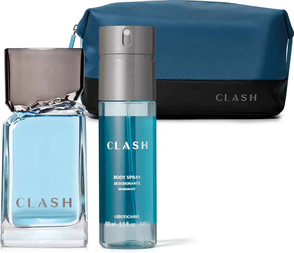 Combo de produtos de perfumaria da marca Clash, incluindo frasco de desodorante colônia transparente com líquido azul e tampa cinza, frasco cilíndrico de body spray e nécessaire de tecido da mesma linha nas cores azul escuro e preto.
