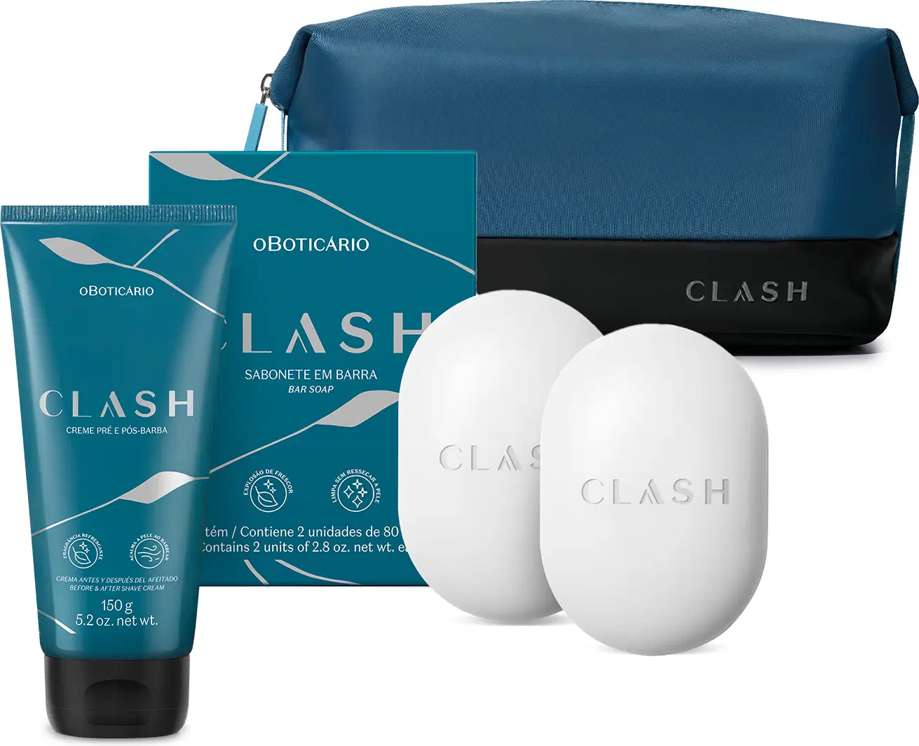 Combo da marca Clash, incluindo frasco de desodorante colônia transparente com líquido azul e tampa cinza, bisnaga azul de creme para barba, nécessaire de tecido nas cores azul escuro e preto e duas barras de sabonete brancas e sua caixa azul escuro.