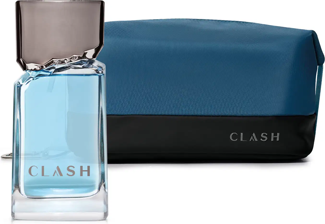 Combo de produtos de perfumaria da marca Clash, incluindo frasco de desodorante colônia transparente com líquido azul e tampa cinza e um nécessaire de tecido da mesma linha nas cores azul escuro e preto.