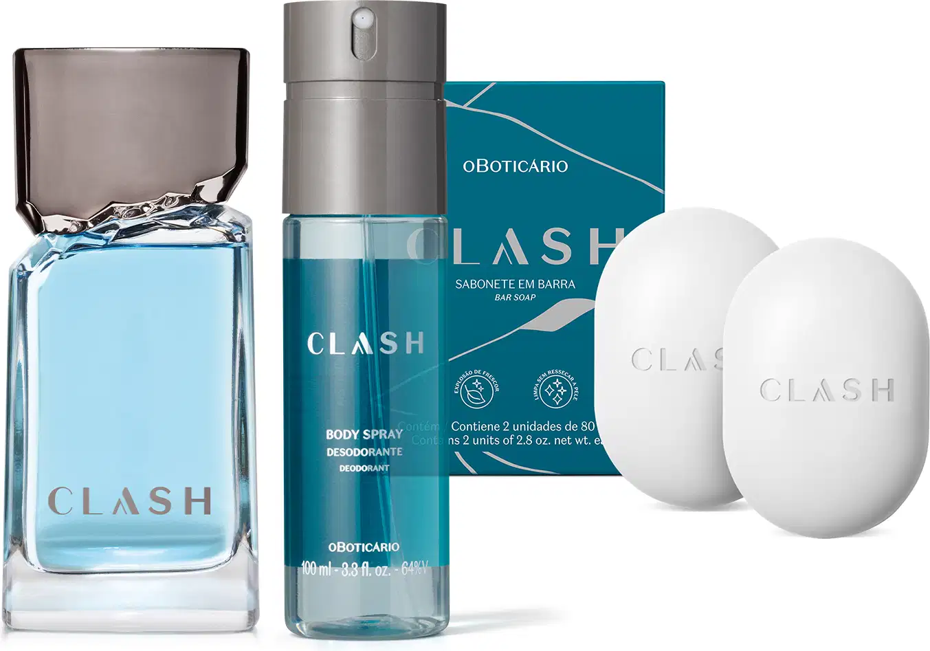 Combo de produtos de perfumaria da marca Clash, incluindo frasco de desodorante colônia transparente com líquido azul e tampa cinza, frasco cilíndrico de body spray e duas barras de sabonete ovais brancas e sua respectiva caixa, na cor azul escuro.