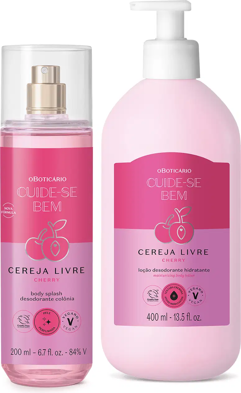 Dois itens da marca Cuide-se Bem Cereja Livre, sendo um frasco transparente com líquido rosa e pulverizador dourado de body splash e frasco branco com bomba dosadora de loção hidratante corporal, ambos com rótulo rosa e roxo com cereja ilustrada.
