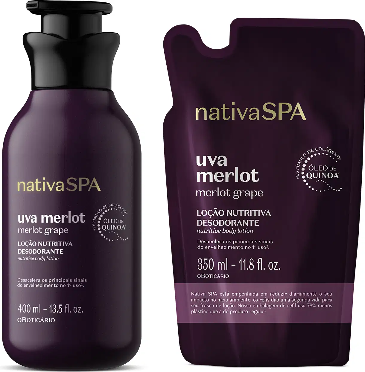 Embalagem de loção corporal Nativa SPA Uva Merlot em frasco roxo escuro com tampa dosadora preta e refil do mesmo produto em fundo roxo escuro com detalhes dourados e letras brancas de mesma marca.