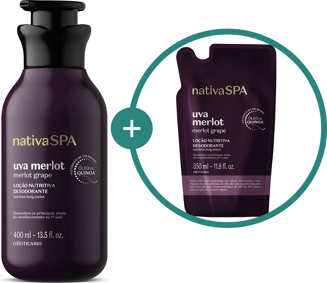 Embalagem de loção corporal Nativa SPA Uva Merlot em frasco roxo escuro com tampa dosadora preta e refil do mesmo produto em fundo roxo escuro com detalhes dourados e letras brancas de mesma marca.