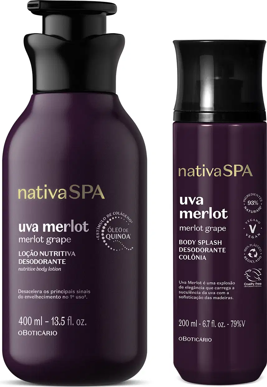 Dois itens da marca Nativa SPA Uva Merlot em embalagens na cor roxa escura com letras douradas e brancas: frasco de 400ml com bomba dosadora de loção hidratante corporal e frasco com válvula spray de 200ml de body splash.