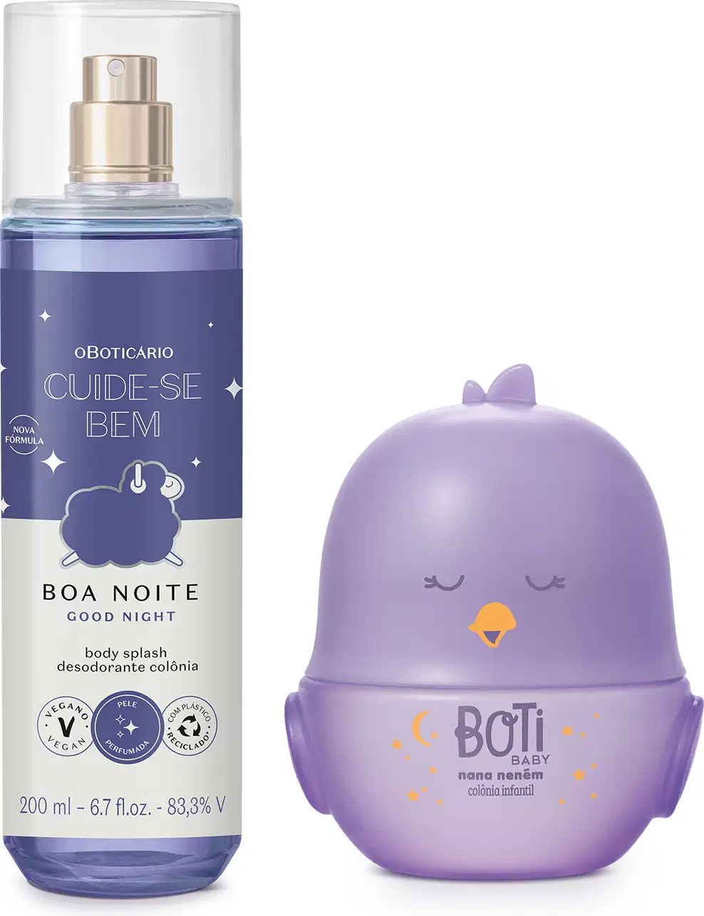 Frasco transparente com líquido azul, pulverizador dourado e rótulo azul e branco com ovelhinha ilustrada contendo 200ml de body splash Cuide-se Bem Boa Noite e um frasco lilás em formato de pintinho contendo 100ml de colônia infantil Boti Baby.
