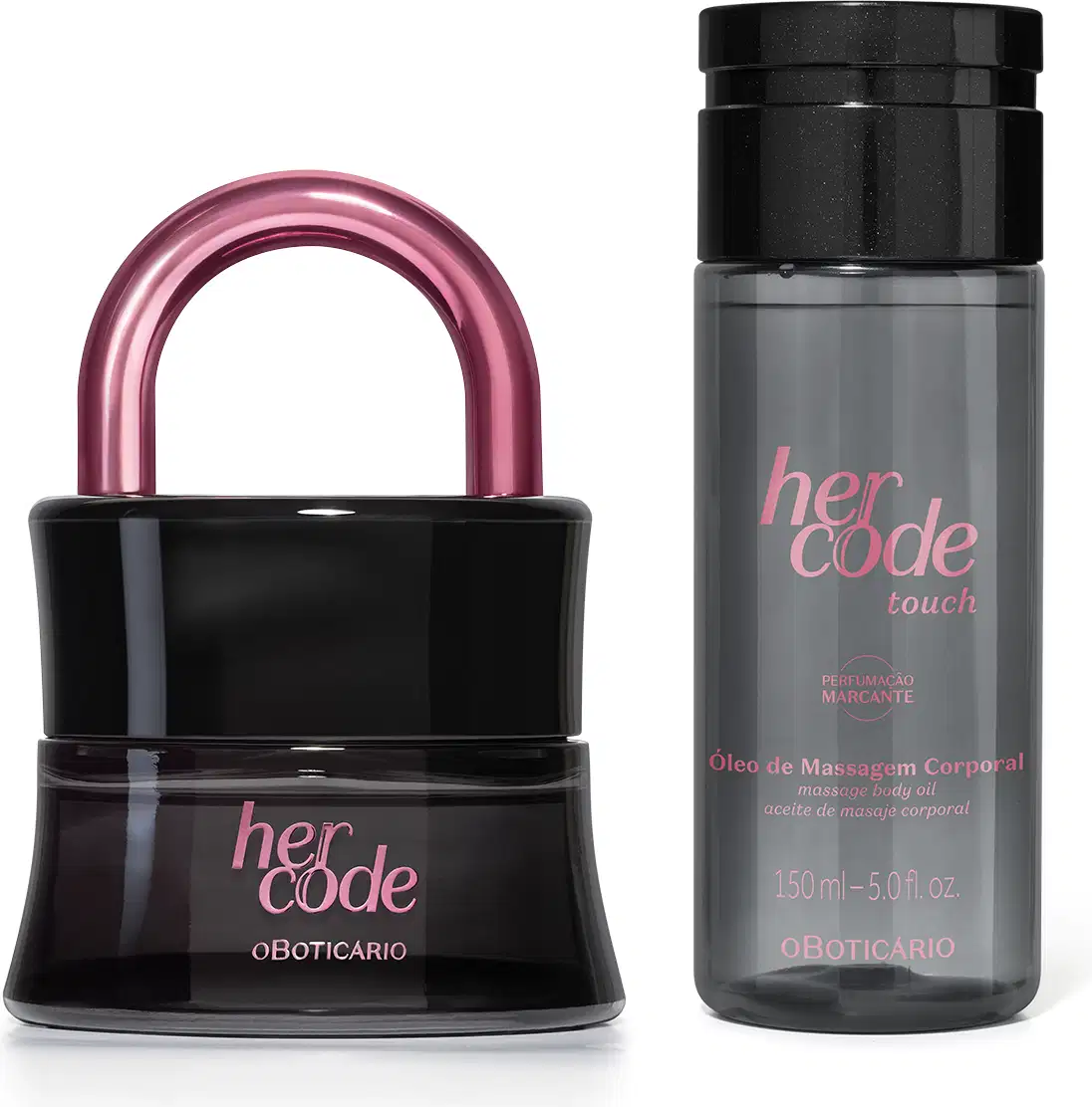 Dois itens de perfumaria da marca Her Code Touch: um frasco preto com alça rosa em formato de cadeado de desodorante colônia e um frasco cinza com rótulo rosa de óleo de massagem corporal de mesma marca.