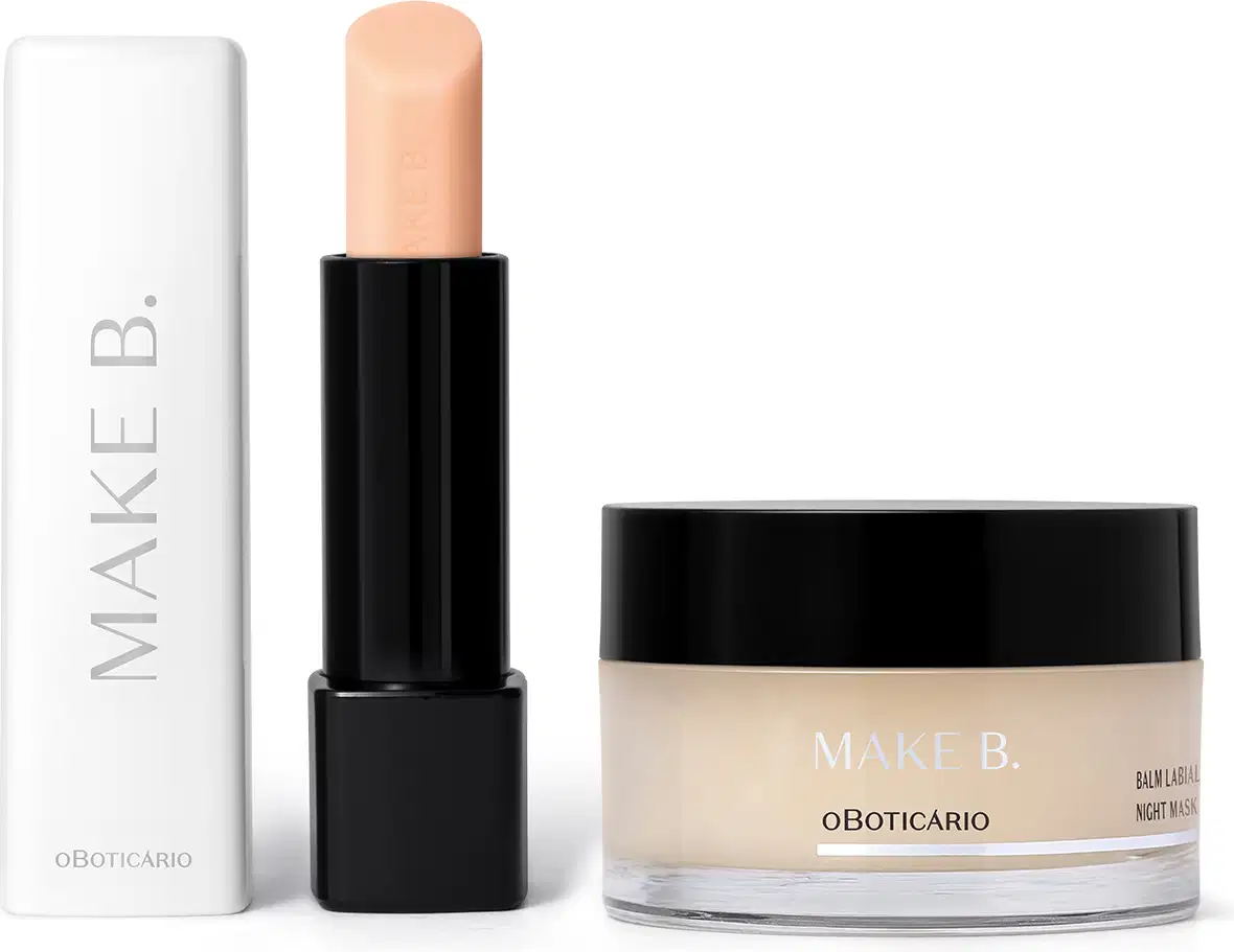 Dois itens de balm labial noturno Make B. Lip Chronology: embalagem preta com tampa branca da linha Night Plump e pote transparente com tampa preta da linha Night Mask.