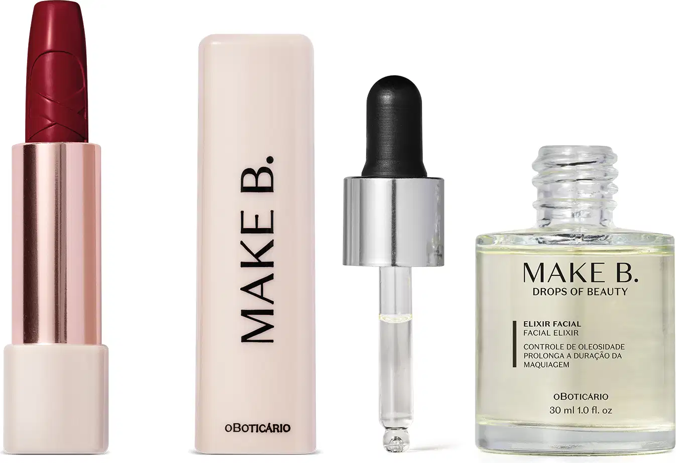 Dois produtos da marca  Make B. Urban Ballet, sendo um batom vermeho em embalagem dourada e branca com tampa branca e letras pretas e um vidro com líquido transparente, tampa prateada com conta-gotas preto de elixir facial.