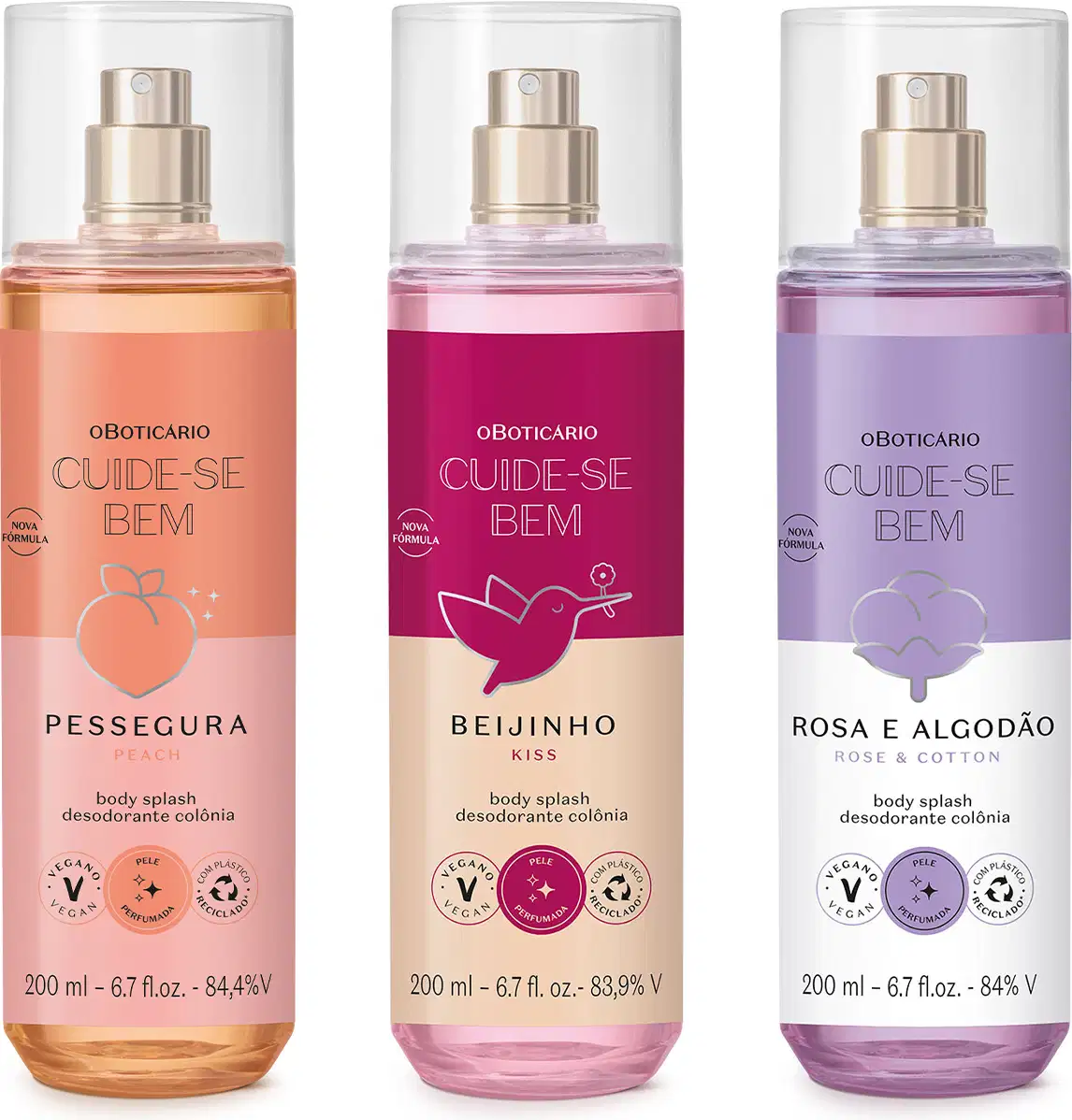 Três body splash Cuide-se Bem: um laranja e rosa e pêssego ilustrado da linha Pessegura, um vermelho e rosa com beija-flor ilustrado da linha Beijinho e outro azul e branco com flor de algodão ilustrada da linha Rosa e Algodão. Todos eles com 200ml.