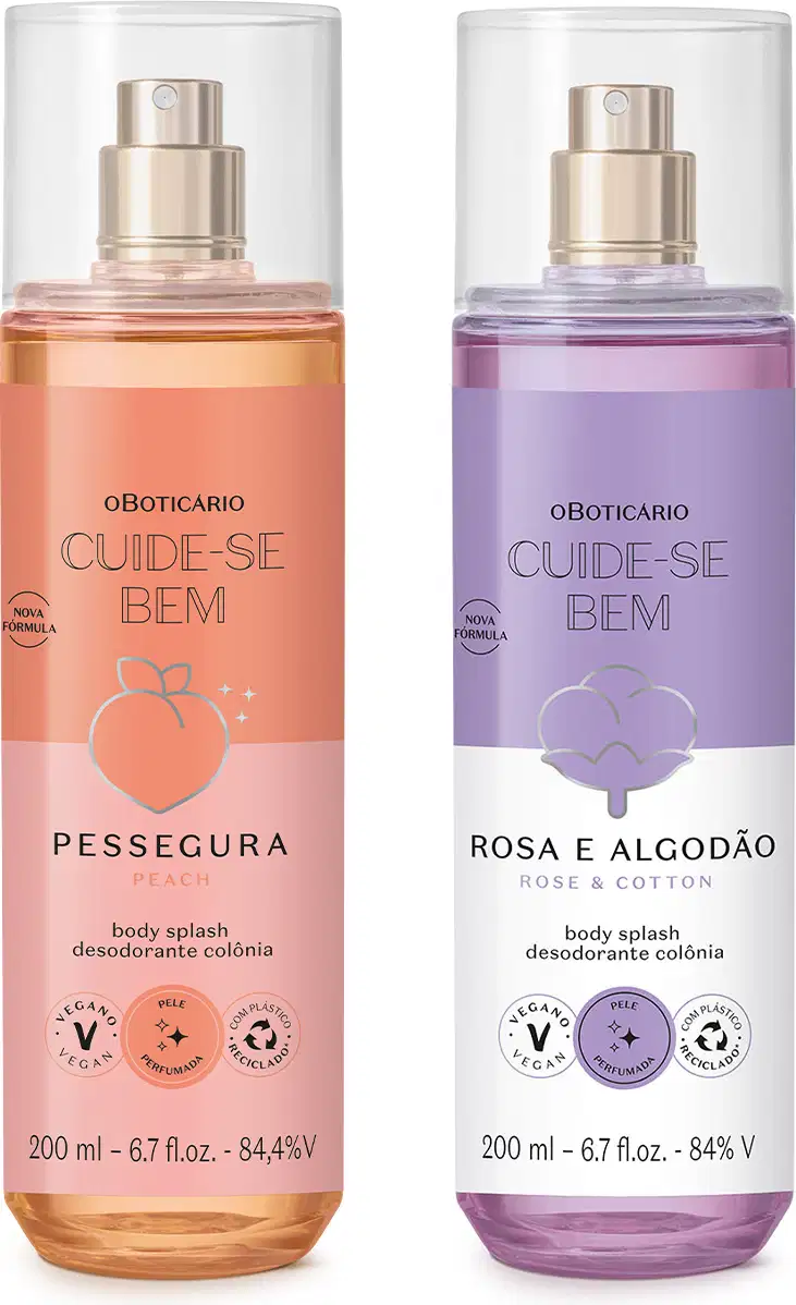 Dois frascos de body splash Cuide-se Bem: um com líquido rosa e rótulo laranja e rosa com pêssego ilustrado da linha Pessegura e outro com líquido azul e rótulo azul e branco com flor de algodão ilustrada da linha Rosa e Algodão. Ambos com 200ml.