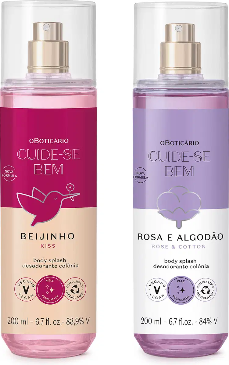 Dois frascos de body splash Cuide-se Bem: um com líquido rosa e rótulo vermelho e rosa com beija-flor ilustrado da linha Beijinho e outro com líquido azul e rótulo azul e branco com flor de algodão ilustrada da linha Rosa e Algodão. Ambos com 200ml.