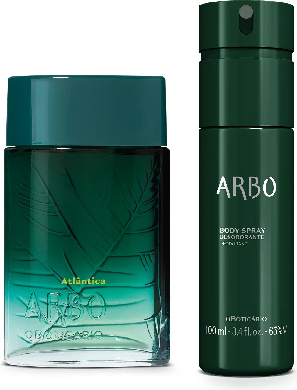 Dois itens da marca Arbo: frasco de vidro com degradê de verde para transparente de desodorante colônia da linha Atlântica e frasco de body spray verde com letras prateadas, ambos com design moderno e cores vibrantes.