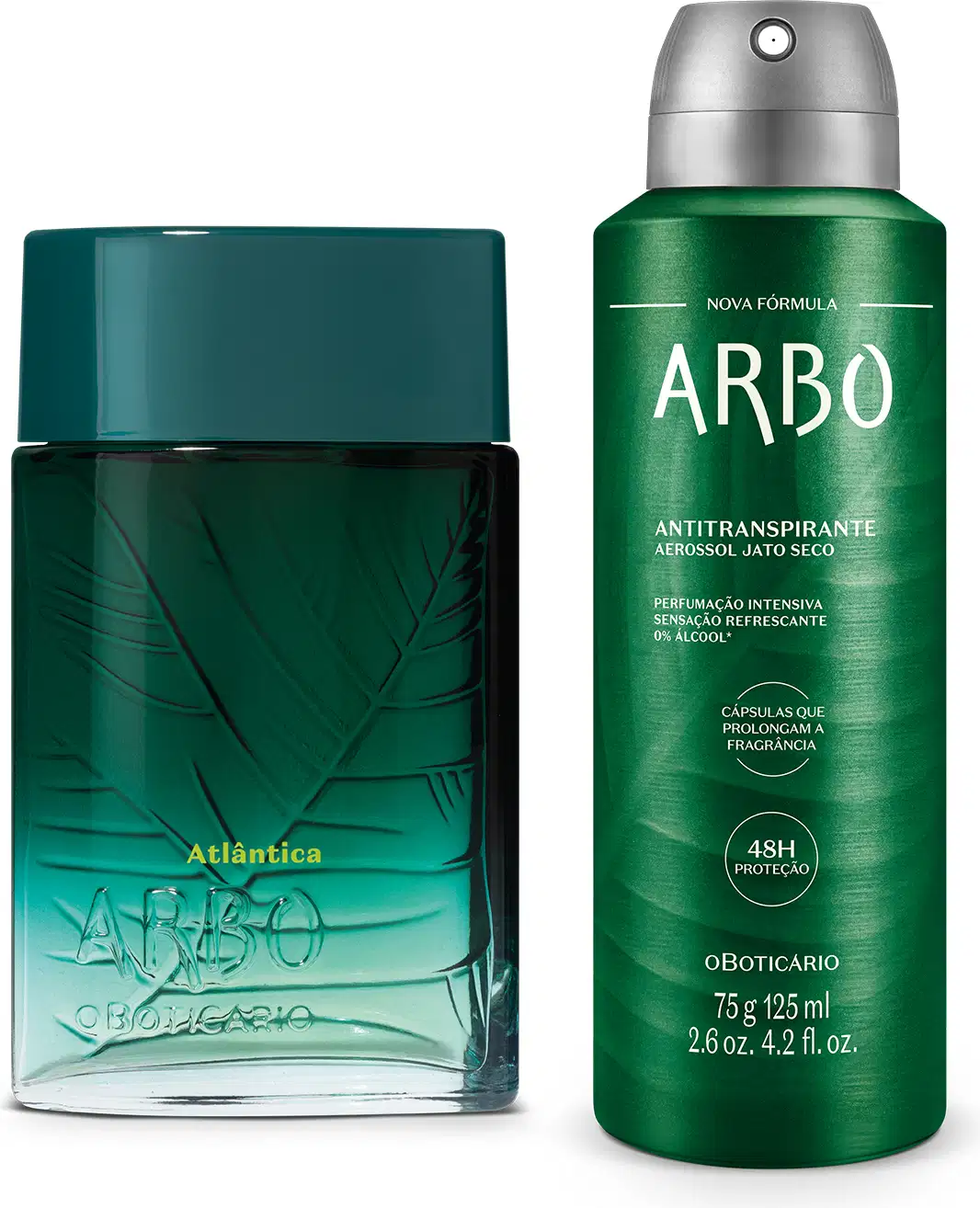Dois itens da marca Arbo: frasco de vidro com degradê de verde para transparente de desodorante colônia da linha Atlântica e lata de antitranspirante aerossol jato seco verde, ambos com design moderno e cores vibrantes.