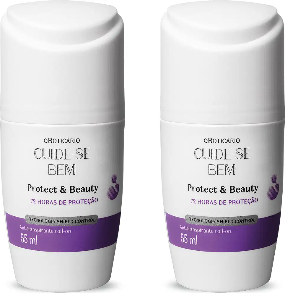 Dois frascos brancos com faixa roxa de 55ml cada contendo desodorante antitranspirante roll-on da marca Cuide-se Bem Protect and Care, com rótulo indicando proteção e beleza por 72 horas.