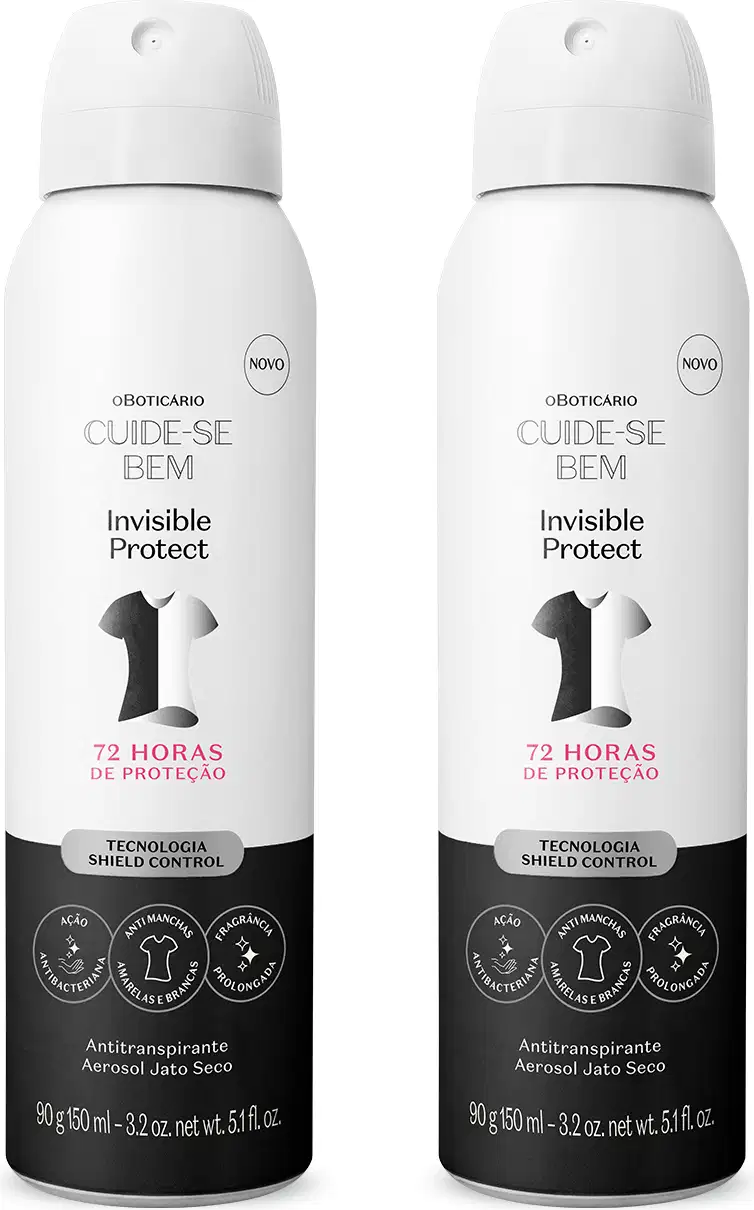 Dois frascos brancos e pretos de desodorante aerossol da marca Cuide-se Bem Invisible Protect, com rótulos pretos e brancos, apresentando o nome e informações sobre proteção por 72 horas. Cada recipiente tem 90g/150ml do produto.