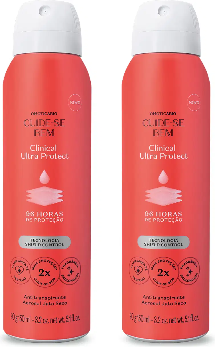 Dois frascos de desodorante aerossol vermelhos com tampas brancas da marca Cuide-se bem Clinical Ultra Protect , com rótulo informando sobre proteção por 96 horas.