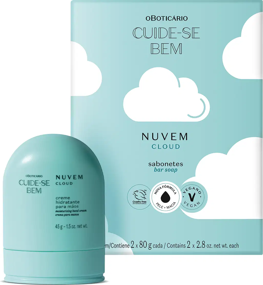 Embalagem de 45g de creme hidratante para mãos em formato arredondado na cor azul e caixa azul com ilustração de nuvens contendo dois sabonetes em barra de 80g cada.