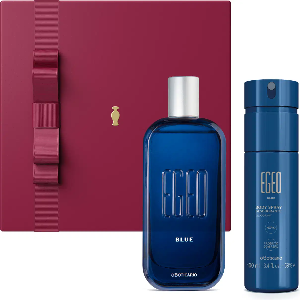 Caixa cor vinho com laço e detalhe dourado, frasco de vidro azul com  tampa prateada de desodorante colônia Egeo Blue e frasco azul de body spray da mesma marca.