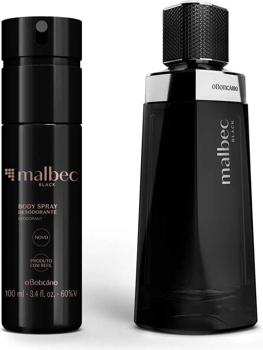 Dois frascos pretos de item da marca Malbec Black, sendo um com rótulo dourado contendo 100ml de body spray e outro com design elegante e moderno, detalhe prateado e letras amarelas contendo 100ml de desodorante colônia.