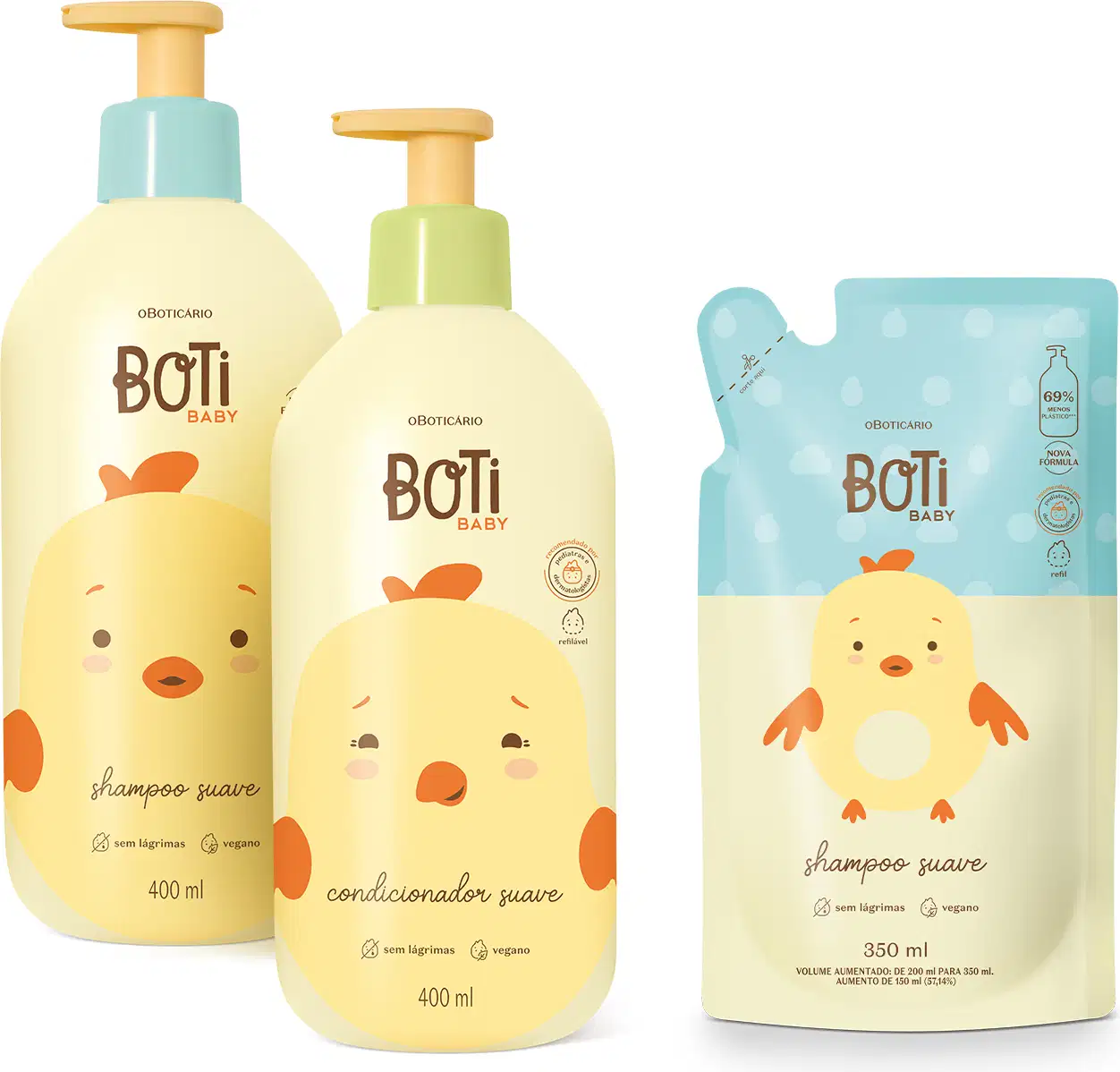 Três produtos da linha Boti Baby: shampoo e condicionador, ambos em frascos de 400ml amarelos com ilustração de pintinho, e refil de shampoo em sachê azul com pintinho ilustrado contendo 350ml.