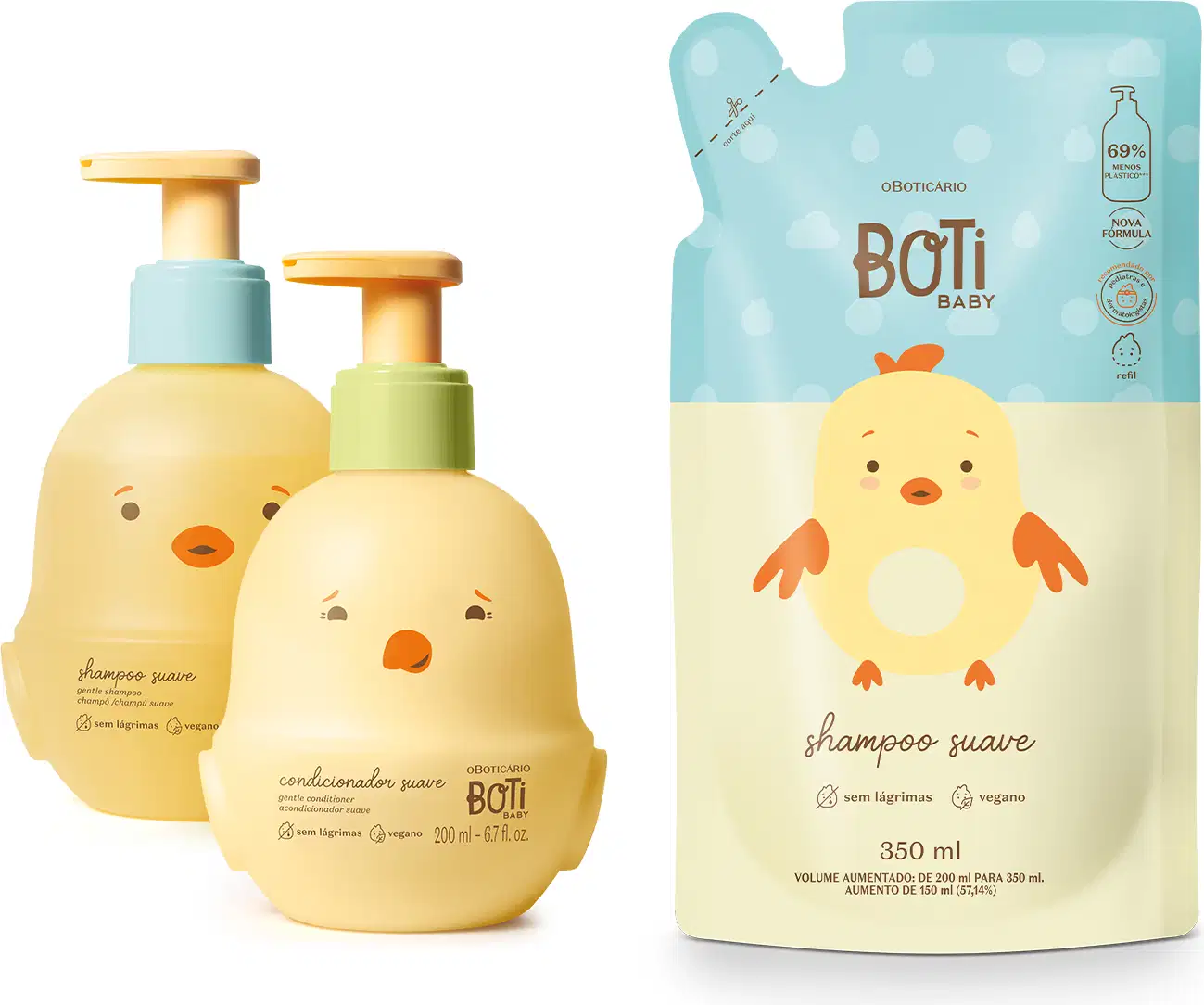 Dois frascos de shampoo e condicionador da marca Boti Baby com frasco de 200ml em formato de pintinho amarelo com detalhes laranja e bico dosador, e um refil de shampoo suave da mesma marca em sachê azul claro com ilustração de pintinho contendo 350ml.