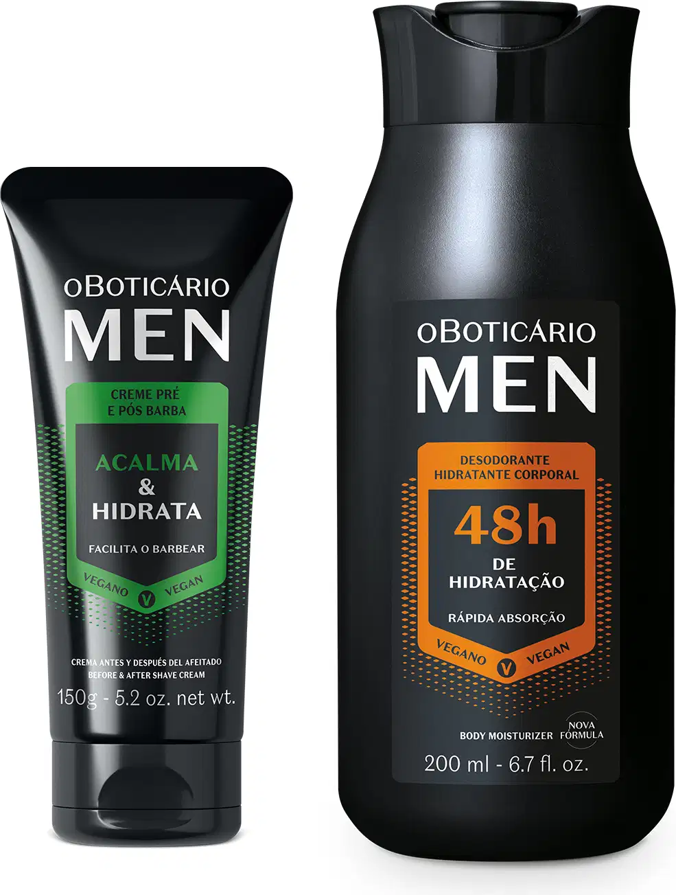 Dois produtos da da marca Men um creme pré e pós-barba em bisnaga de 150g com detalhes verdes e um desodorante corporal em frasco de 200ml com detalhes laranja. As duas embalagens são na cor preta com letras brancas.