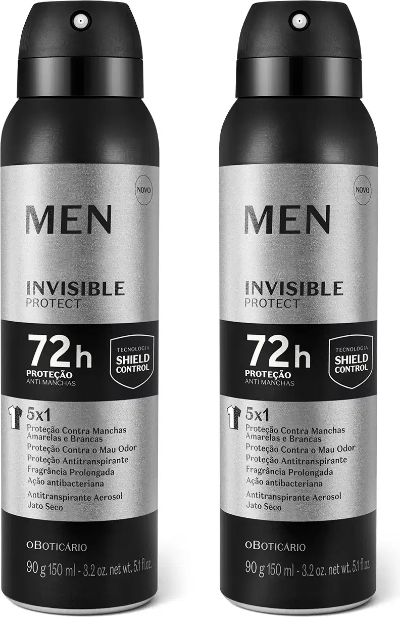 Dois frascos pretos de antitranspirante aerosol da marca Men Invisible Protect, com rótulos em prata e branco, exibindo informações sobre proteção contra manchas e odores por 72 horas.