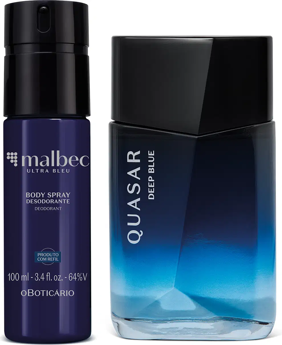 Dois frascos de produtos de perfumaria da marca Malbec: um frasco azul marinho com letras amarelas da linha Ultra Bleu e outro frasco de vidro em tons de azul com letras brancas da linha Deep Blue.