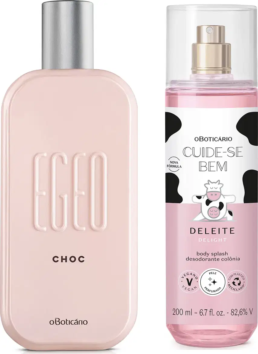 Dois frascos de perfumaria: um frasco rosa claro com tampa prateada de desodorante colônoia Egeo Choc e outro frasco transparente, líquido rosa, válvula spray e rótulo branco e rosa com manchas pretas e vaca ilustrada de body splash Cuide-se Bem Deleite.