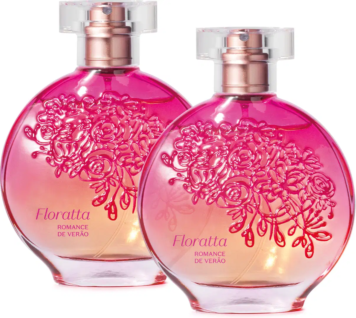 Dois frascos de desodorante colônia da marca Floratta Romance de Verão, com embalagem em formato redondo, predominância de cor rosa vibrante e detalhes florais em relevo com borrifador dourado e tampa transparente. Cada recipiente traz 75ml do produto.