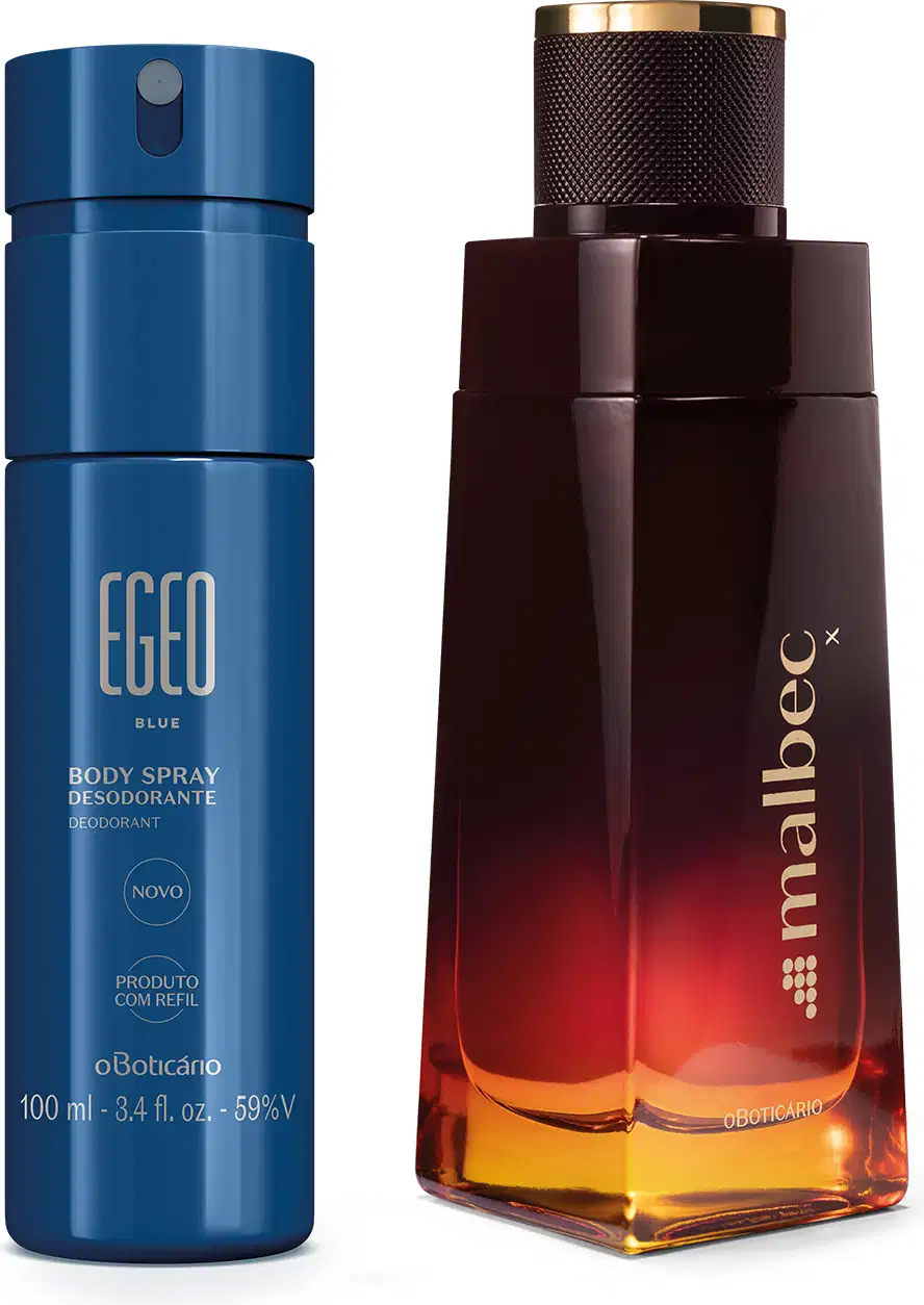 Frasco azul com rótulo dourado de body spray Ego Blue e outro frasco vinho e dourado com rótulo dourado de desodorante colônia Malbec.