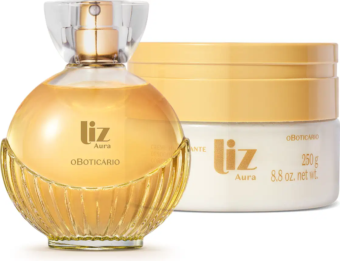 Frasco de 100ml de desodorante colônia da marca Liz Aura com formato arredondado e detalhes dourados, acompanhado de pote branco com tampa e rótulo dourado da mesma marca contendo 250g de loção hidratante corporal.